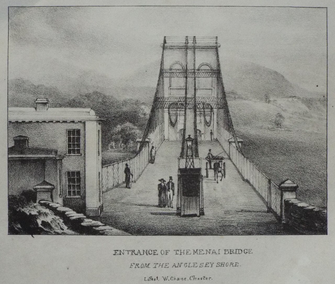 Lithograph - Entrance of the Menai Bridge from the Anglesey Shore